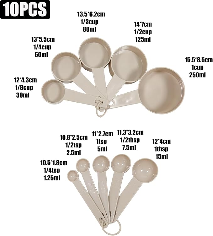 10 Pcs Measuring Cups and Spoons Set, Khaki Stackable Cups and Spoons PP Material Cooking and Baking Kitchen Measure Tools