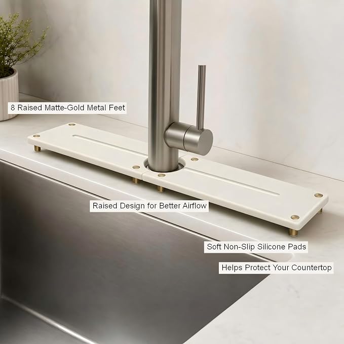 Stone Faucet Mat for Kitchen Sink, Water Absorbing Sink Tray Organizer for Bathroom Counter, Diatomite Soap Dish Coaster Caddy Riser, Sponge Holder Dispenser Mat, Gold White 23.6" x 4"