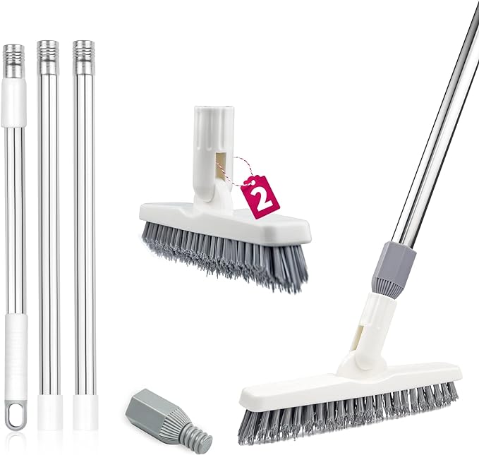2 Pack Grout Cleaning Brush with Long Handle, Swivel V-Shape Grout Scrub Brush, Extendable Handle for Tile Floors, Bathroom, Shower, Corner