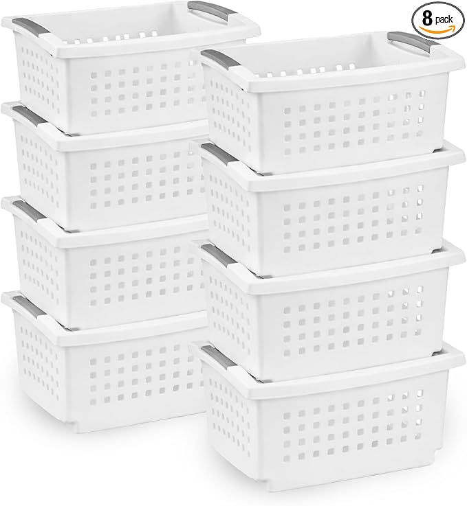 Sterilite 8 Pack Small Stacking Basket, Open Top Storage Bin with Handles, White - Ideal for Home Closets, Kitchens, or Office Organization