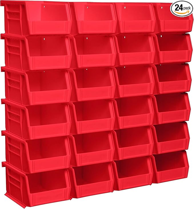 Akro-Mils 30210 AkroBins Plastic Storage Bins, Space-Saving Stackable Bins for Garage, Pantry, Craft Organization, 5" x 4" x 3", Red, 24-Pack