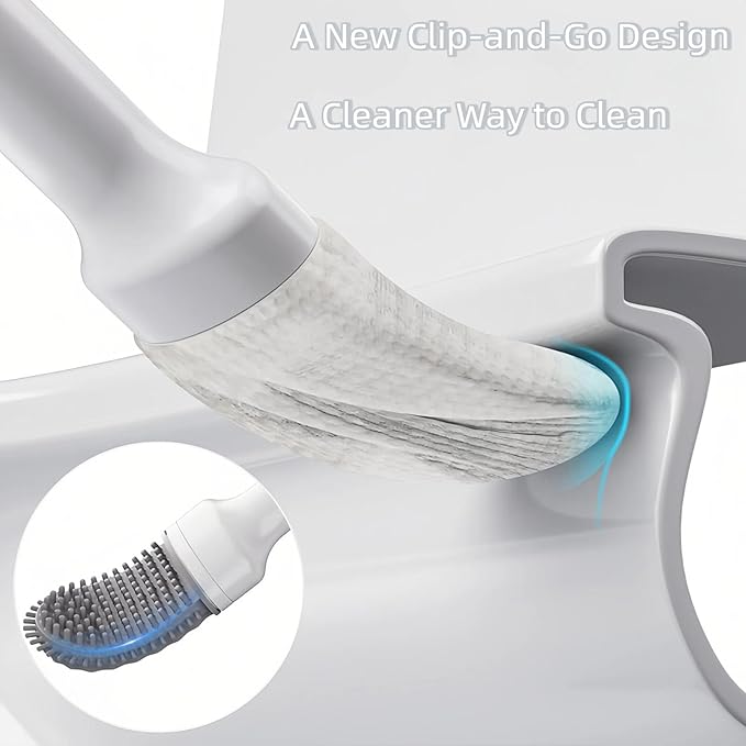 Extendable Toilet Brush & Holder Set, Disposable Toilet Brush – Silicone Head, Hands-Free Wet Wipe Attachment, Easy & Mess-Free Cleaning (White)