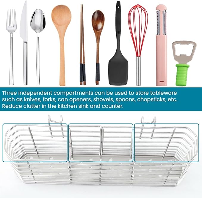Utensil Drying Rack, 304 Stainless Steel Dish Drying Rack with Hook, 3 Divided Compartments Drainage Basket, No Drilling Kitchen Tableware Organizer(Silver)