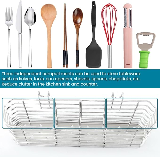304 Stainless Steel Utensil Holder, Dish Drying Rack with Hooks, Utensil Holder for Sink, Knife and Fork Drainer Basket, Kitchen Drainage Basket Accessories(Sliver,Size:7.9inch)