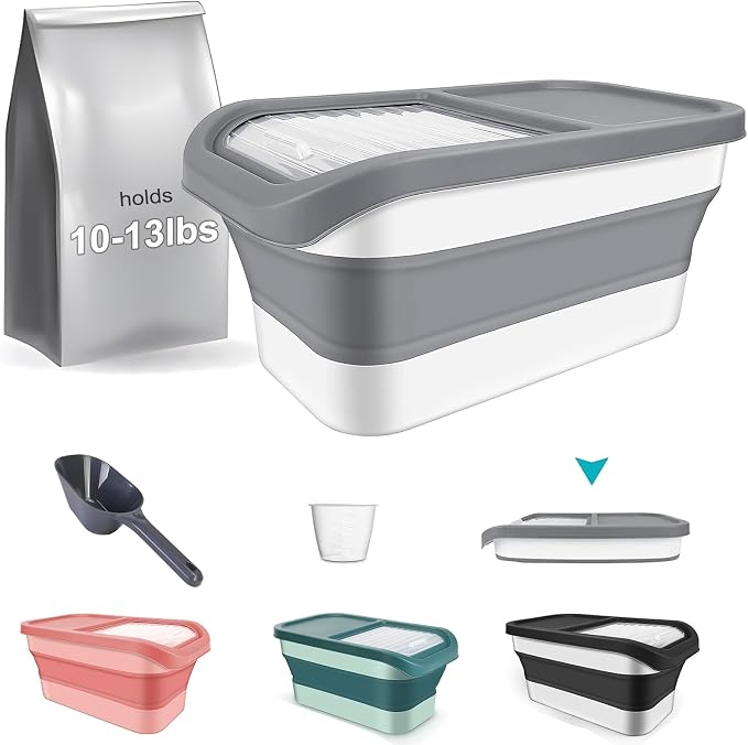 Pet Food Storage Containers, Collapsible Cat Food Container with Transparent Sliding Lid,10-13 lb Plastic Dog Food Bin with Measuring Cup and Dog Food Scoop