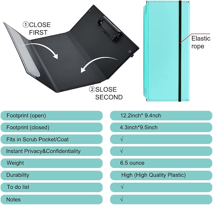 Vuzvuv Foldable Nursing Clipboard Nurse Clip Board-1pcs 3 Layers Mint Blue | Sturdy Lightweight Plastic, Fits Pockets/Bags, Built-In Medical Cheat Sheets, for Nurses, Doctors, Medical Students