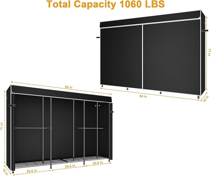 ULIFHOME E14C Max Heavy Duty Closet Organizer System，Freestanding Clothing Racks for Hanging Clothes，Adjustable Garment Rack 86" W × 16" D × 77" H Hold 1060 lbs，Black Rack with Black Cover