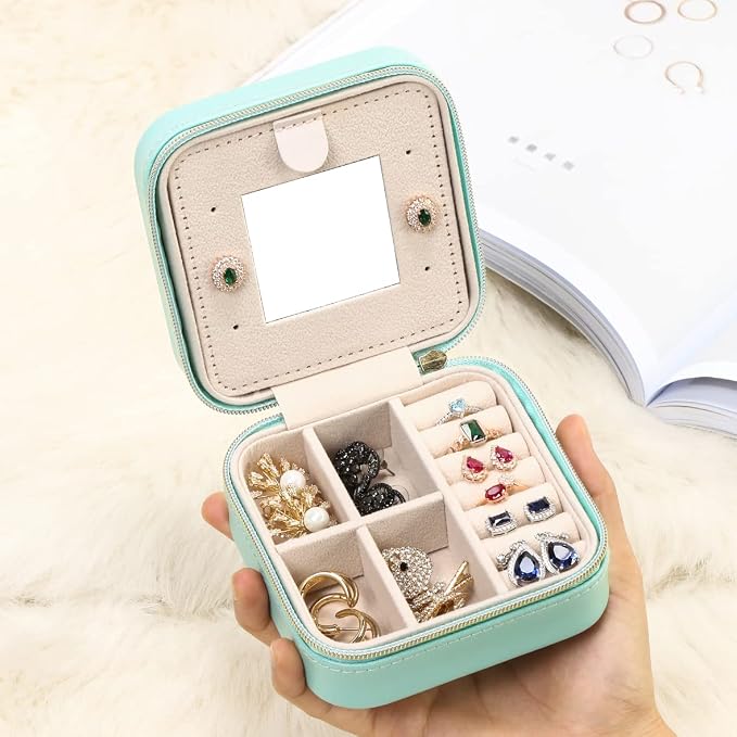 TRODANCE Jewelry Case with Mirror, Small Travel Jewelry Organizer, Portable Mini Storage Box for Rings, Earrings, Necklaces (Blue)