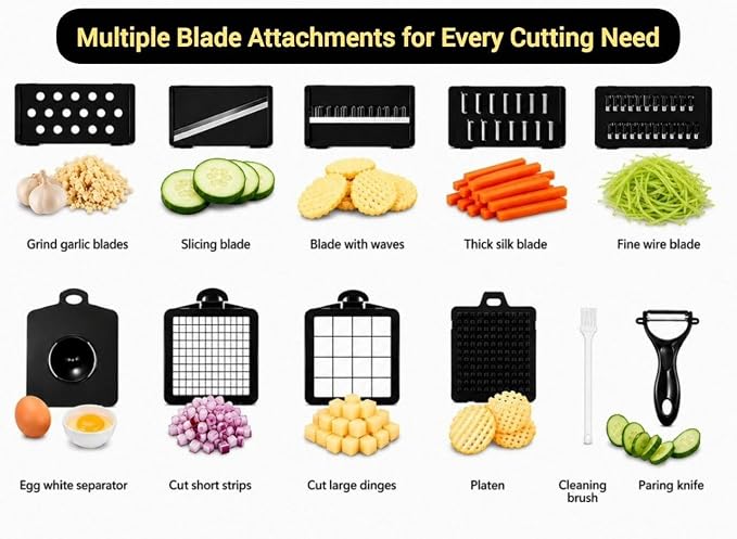 15-in-1 Vegetable Chopper and Mandoline Slicer with Container, Multifunction Food Chopper, Onion Cutter, Veggie Dicer, Fruit Slicer, Kitchen Gadget with Stainless Steel Blades, Black