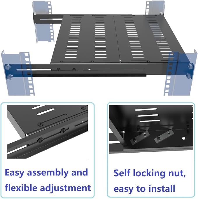 1U Vented 4-Post Adjustable Server Shelf -Mounting 16.5-29" D | Universal Tray Adjustable Mounting Depth for 19 Inch Network Equipment Server Rack or Cabinet , Black
