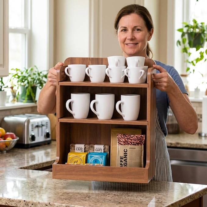 Solid Wood Matcha & Coffee Station Organizer, 3-Tier Countertop Mug Holder | Full Back Panel Thick Wood Construction, Built-in Side Handles, 3 Spacious Shelves Organize Mugs, Pods, Matcha, Tea, Spices