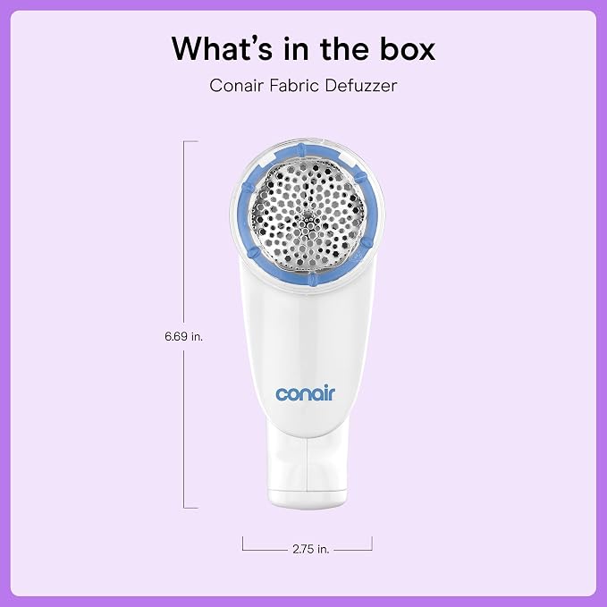 Conair Fabric Shaver and Lint Remover, Battery-Operated Portable Clothes Shaver with 3 Settings, Fuzz Remover for Sweaters, Clothing and Furniture, Large 2-Inch Shaving Head, White | Easy-to-store fabric shaver for clothing and furniture with 3 depth s...