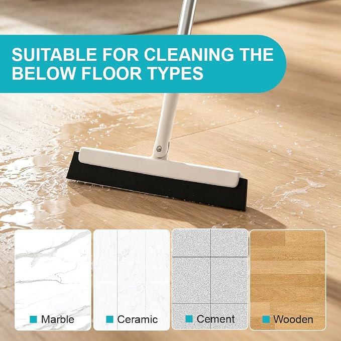 Japan-Designed Satto Floor Squeegee Kit with EVA Rubber Blade, Extendable Squeegee Broom (up to 52.56"), Water Broom for Concrete Floors, Bathroom, Window & Car Cleaning, Includes Disinfectant Wipes