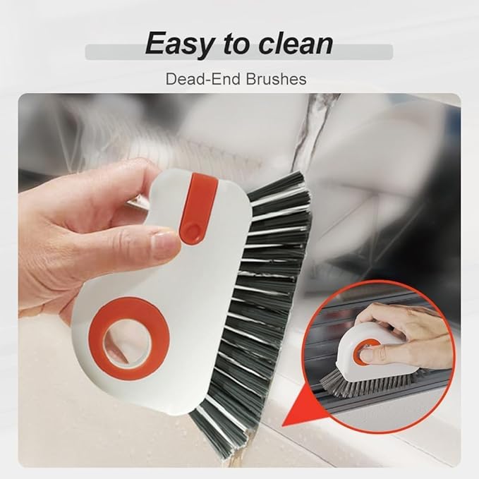2-in-1 Groove Cleaning Brush with Hidden Scraper, Hard Bristle Crevice Cleaning Tool for Sliding Door Track, Window Sill, Window Seal, Tile Gaps, Kitchen & Bathroom Corners (Gray)