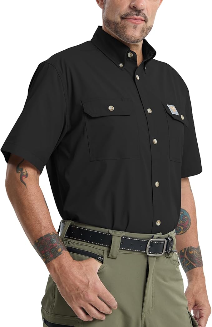 Mens Regular Fit Work Utility Shirt Midweight Short Sleeve Work Wear | Midweight stretch work shirt with reflective trim, 2 secure chest pockets, moisture-wicking comfort, easy-care fabric