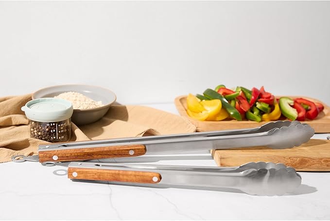 Esie Houzie 16" & 12" Heavy Duty Stainless Steel Grill Tongs with Locking Mechanism & Heat-Resistant Wooden Handle - 2-Pack BBQ Tongs for Grilling, Barbecue, Kitchen Cooking Accessories