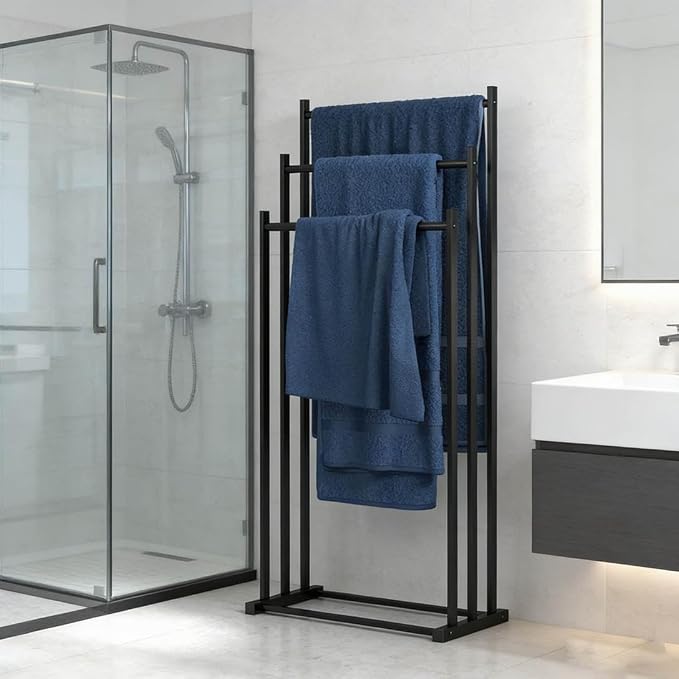 3-Tier Metal Towel Rail, Freestanding Towel Holder, Floor Standing Design, Black for Bathroom, Clothes Airer & Bathroom Accessories, Modern and Stable for Bedroom, Bathroom (Black)