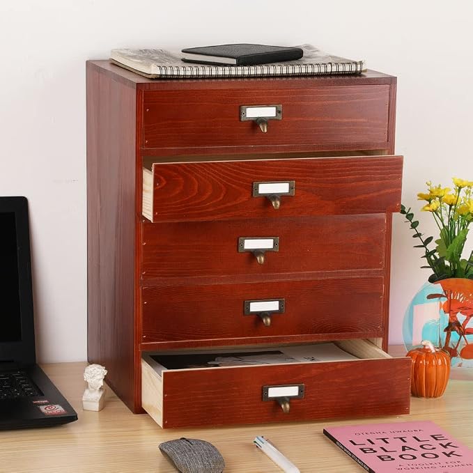 GoooodGIFT Wooden Drawers Large Wooden Box with Drawer, Brown | 5 Drawer Wood Storage Box , Vintage Desktop Organizer with Drawers, Desk Organizers for Library Card Catalog Cabinet