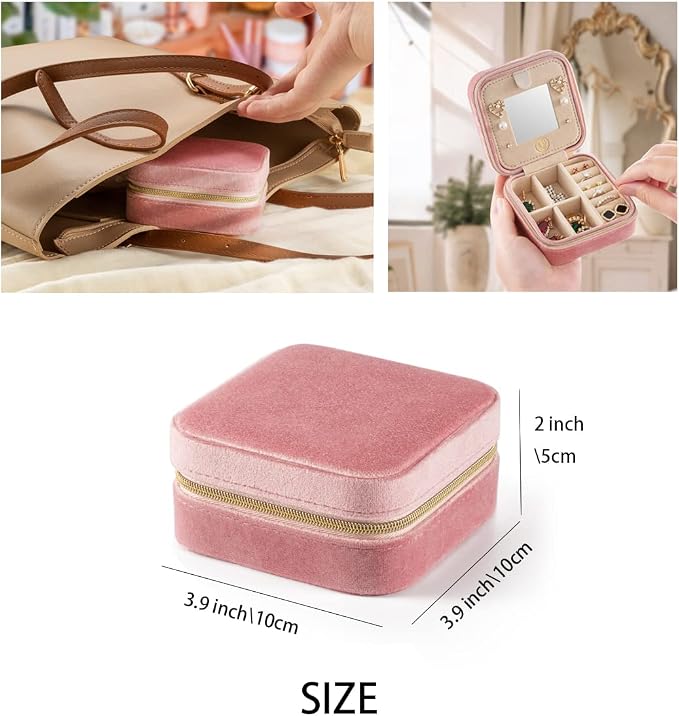 ZPROW Plush Velvet Travel Jewelry Case, Travel Jewelry Organizer, Jewelry Travel Case, Travel Jewelry Box, Small Jewelry Case for Women, Jewelry Travel Box, Earring Organizer with Mirror - Pink