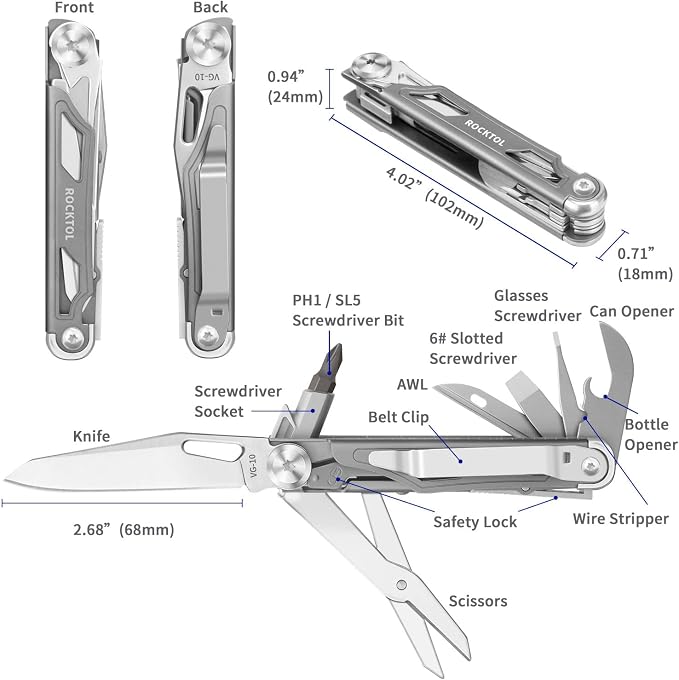 Pocket Multitool ST02, VG-10 Blade, 12-in-1 Multi tool Knife,Titanium-Plated Handle,Pocket Clip,Large Scissors, Multi-tool for Camping, Hiking, Survival, EDC Gadget for Men