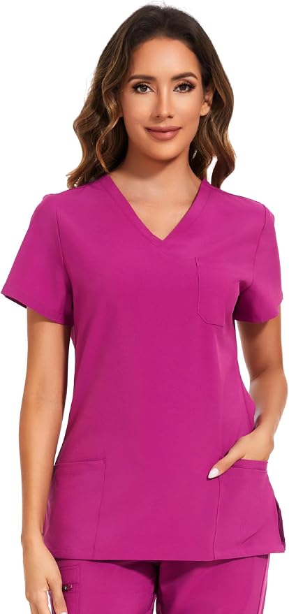 Scrubs Tops for Woman - Soft Stretch, V-Neck Tops | 3 Pockets, Side Split Design, Short Sleeve, Breathable & Lightweight Nursing Shirt, Easy-Care Fabric for All-Day Comfort