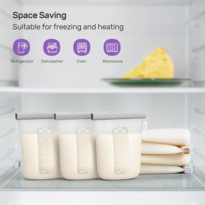 Nuliie 7 Pcs Reusable Silicone Breastmilk Storage Bags, 12oz/360ml Double Leak-Proof Breastmilk Freezer Bags, BPA Free Self-Standing Milk Bags for Breastfeeding, Baby Food Pouches