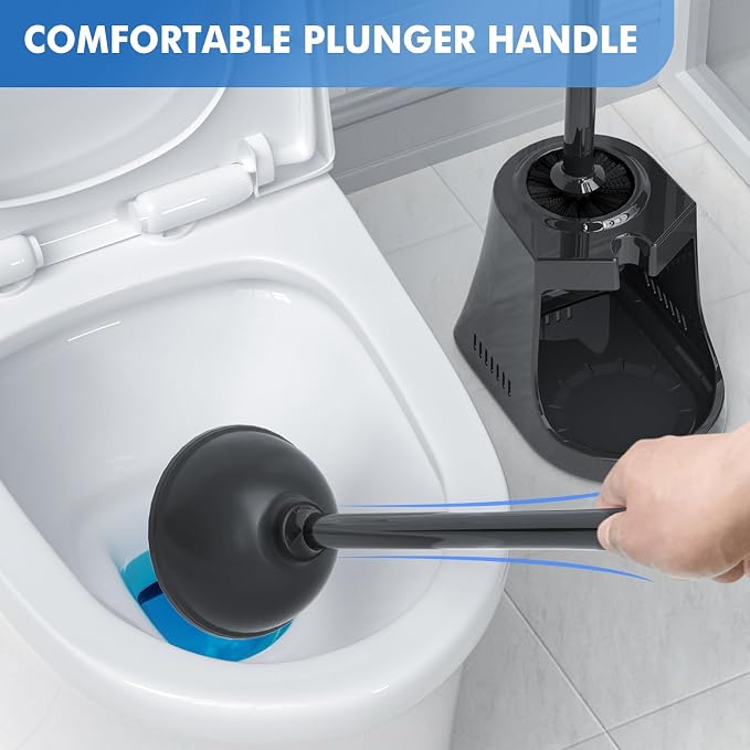 LOVLOY Toilet Plunger and Brush, Bowl Brush and Heavy Duty Toilet Plunger Set with Ventilated Holder, 2-in-1 Toilet Brush and Plunger Combo for Bathroom Cleaning (2 Pack, Black)