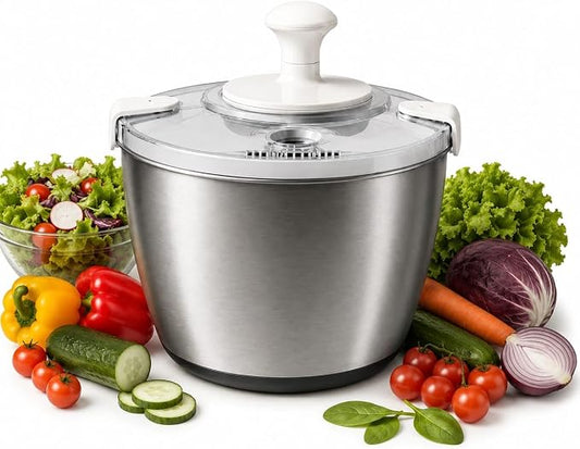 Stainless Steel Salad Spinner Large Capacity 5Qt – Hand Crank Vegetable Washer & Dryer with One-Touch Stop, Drainage Spout, Non-Slip Base – Dishwasher Safe Kitchen Tool for Lettuce & Fruit