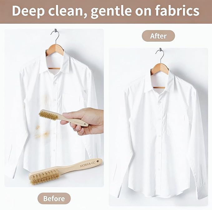 3Pcs Small Wood Laundry Stain Brush Set with Boar Bristles, Stain Remover for Delicates, Cotton, Linens and Shoes, Portable Laundry Scrub Brushes for Fresh Clean Fabric