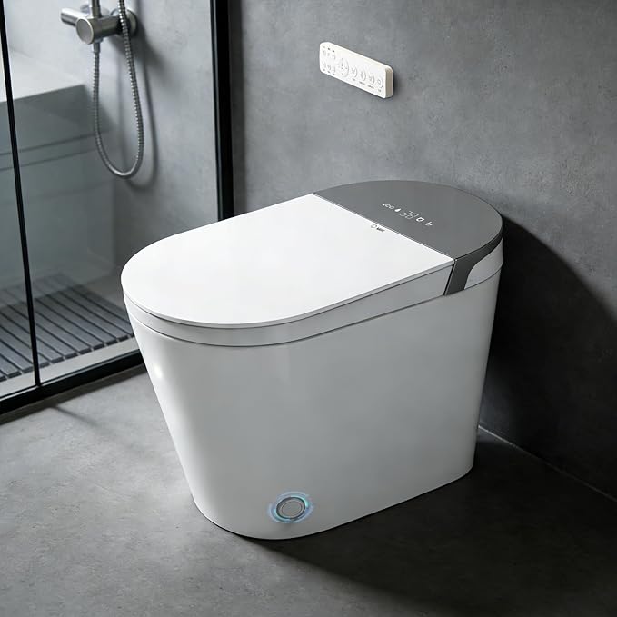 Smart Toilet with Bidet Built in, Elongated One Piece Bidet Toilet with Auto Open/Close Lid, Powerful Auto Flush, Heated Seat, Instant Warm Water, Dryer, Foam Shield, Deodorization, Night Light