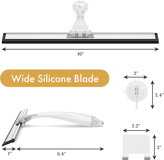 AmazerBath Shower Squeegee for Glass Doors, All-Purpose Squeegee with Suction Hook & Adhesive Hook, Clear Squeegee for Shower Glass, Windows, Mirrors, Tiles and Car Windows - 10 Inches, Clear