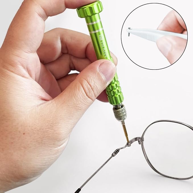 PTSLKHN Eye Glass Repairing Kit, S2 Steel Screwdriver with 15 Types of Screws, Precision Eyeglass Repair Tool Set (Green2in1-screws)
