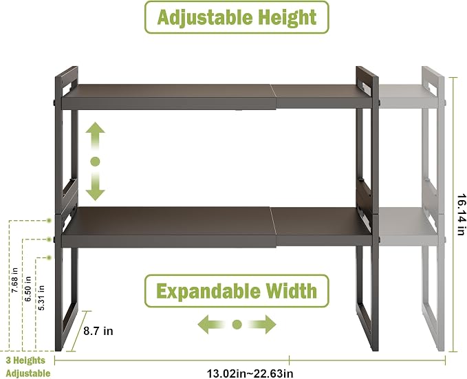 DOLALIKE Expandable Kitchen Countertop Organizer, Stackable Cabinet Shelf Organizers, Space Saving Spice Rack Pantry Storage for Bathroom Office Organization (Black, 2 Pack) | Space Saving Metal Pantry Storage Racks for Kitchen Spice Rack Pans and Unte...