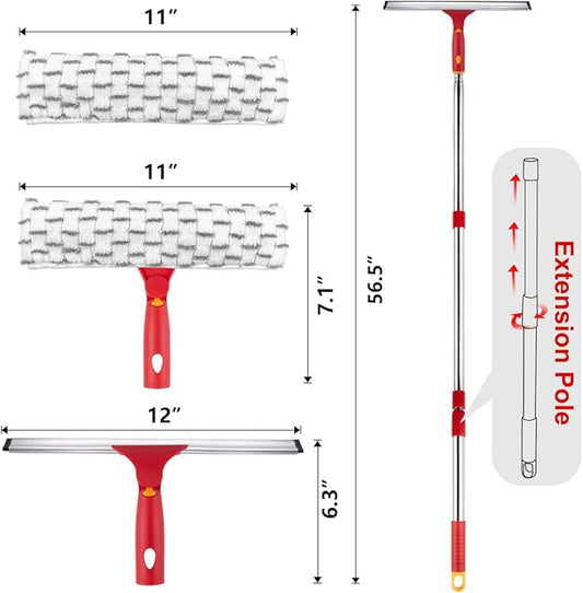 ITTAHO Squeegee for Window Cleaning, 12" Squeegee and 11" Microfiber Scrubber Combi with Stainless Steel Pole, Extendable Window Cleaner for Car, Sliding Door, Shower Glass Door-Swivel Style-2 Pads