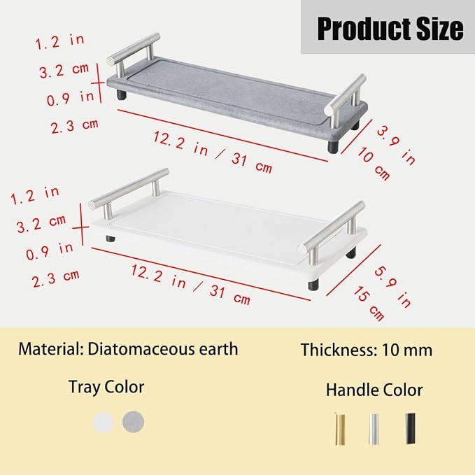 Instant Dry Sink Caddy Organizer,Diatomaceous Earth Bathroom Organizer with Handle Water Absorbing Stone Tray for Sink diatomaceous Tray for Home Bathroom Kitchen (L Gray Gold Handle)