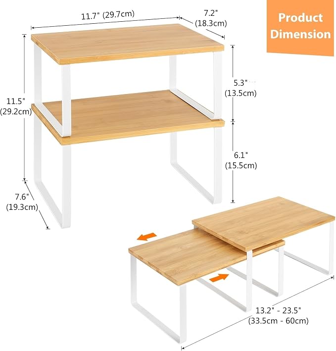 NEX Bamboo Kitchen Cabinet and Counter Shelf Organizer, Stackable & Expandable, Set of 4, White and Natural | Stackable Spice Rack, Pantry Organizers Space-Saving, Bathroom Countertop Storage, White and Natural