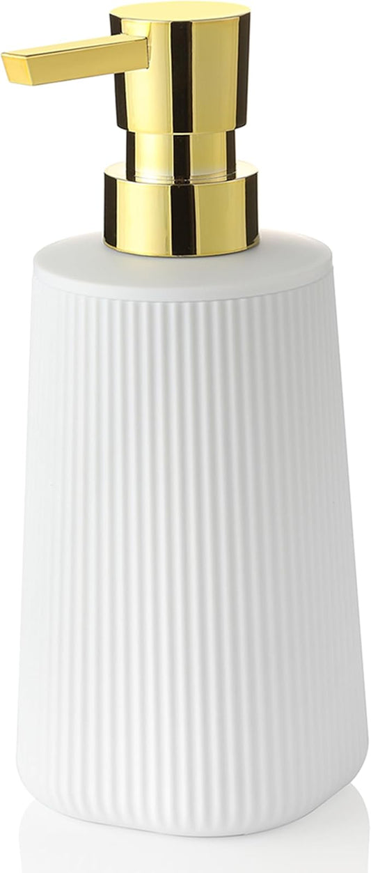 YAUKPH Small Soap Dispenser for Bathroom and Kitchen Matte White and Gold | Modern Farmhouse Striped Style Plastic Hand Soap Dish Soap Dispenser with Pump