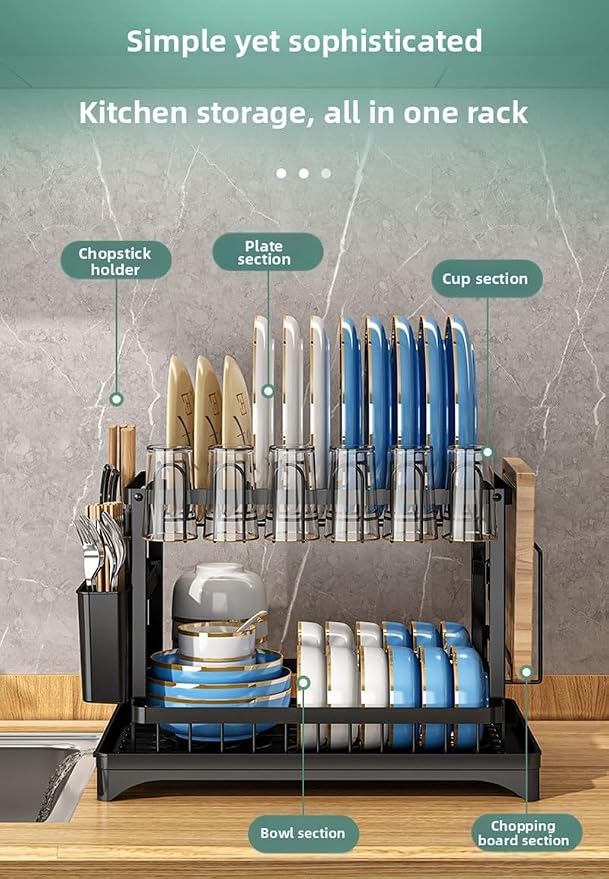 2-Tier Dish Drying Rack for Kitchen Counter, Carbon Steel Space-Saving Drying Rack with Adjustable Drain Pipe & Cutlery Holder, for Small Kitchen Apartment RV