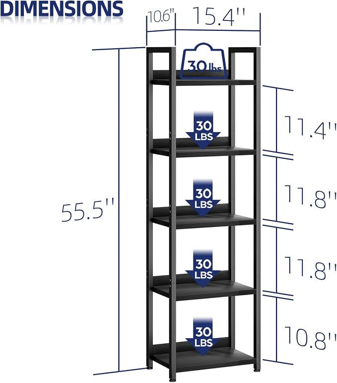 NUMENN Narrow Bookshelf, 5 Tier Bookshelves, Home Office Bookcase Shelf Storage Organizer, Free Standing Storage Shelving Unit for Bedroom, Living Room and Home Office, Black | Metal Frame & Wood Shelves, Falling Prevention Baffle, Open Storage Bookcas...