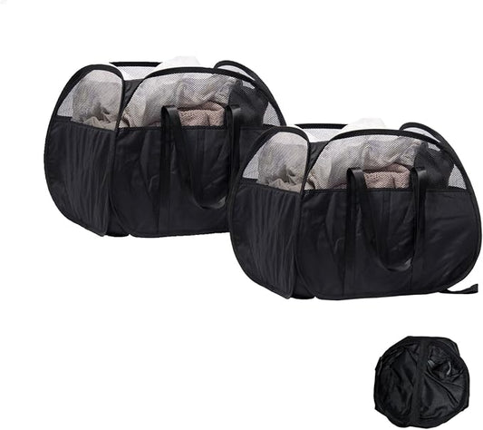 Collapsible Laundry Basket, 90L Tear Proof Mesh Pop-up Hamper 2PCS | Foldable Storage Clothes Bag with Reinforced Handles for Bathroom, Kids Room, Dorm, Travel, Camping, Space-saving, Black
