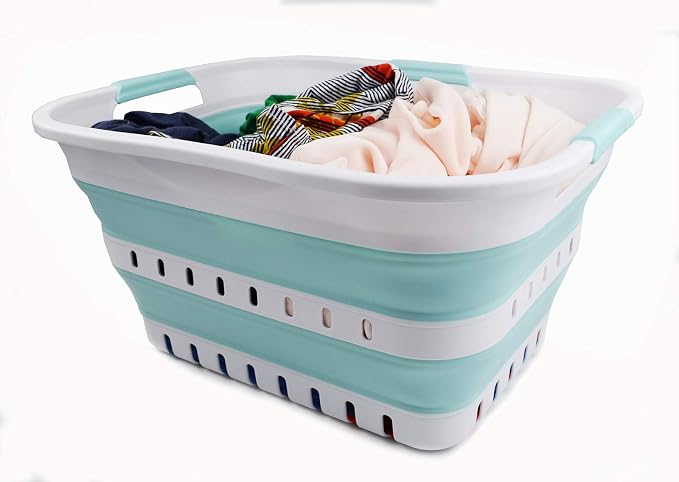 SAMMART Set of 2-30L (8 gallon) Collapsible Plastic Laundry Basket - Foldable Pop Up Storage Container/Organizer - Space Saving Hamper/Basket (2, White/Lake Green)