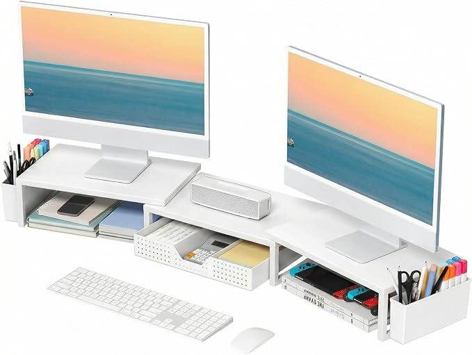 OPNICE Desk Organizers and Accessories, Dual Monitor Stand Riser with Drawer and 2 Pen Holders, Desk Shelf Computer Racks for Office Workspace Organizers, Desktop Organization (White)
