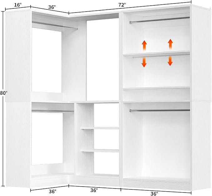 Unikito Corner Closet System, 72" L-Shaped Closet Organizer with 4 Hanging Rods, Heavy Duty Wood Garment Rack with Shelves, Freestanding Walk-in Closet Storage Tower for Bedroom, White