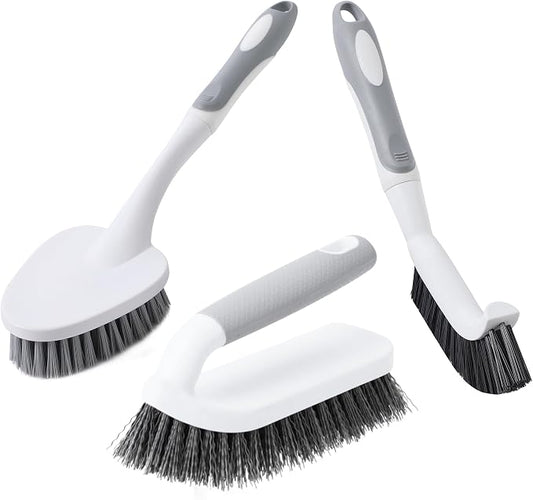 CLEANHOME 3 Pcs Scrub Brush,Multifunctional Cleaning Brush Set | With Non-Slip Handle and Sturdy Bristles,Scrub Brushes for Cleaning Bathroom,Kitchen,Grout,Tile,Grey