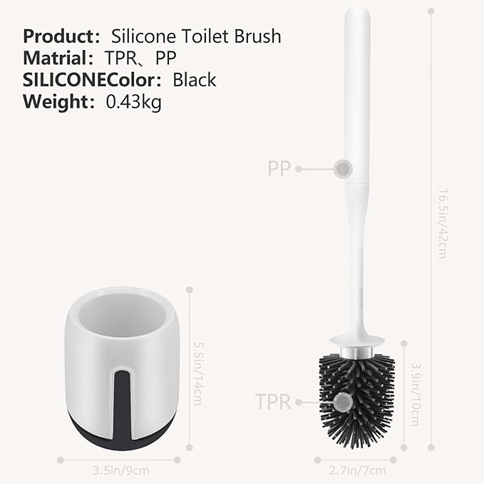 Silicone Toilet Brush Set for Bathroom Cleaner Brush Set,Non-Slip Handle with TPR Soft Bristle,Wall Mounted/Floor Standing,Toilet Scrubber Brush White and Turbo Drying