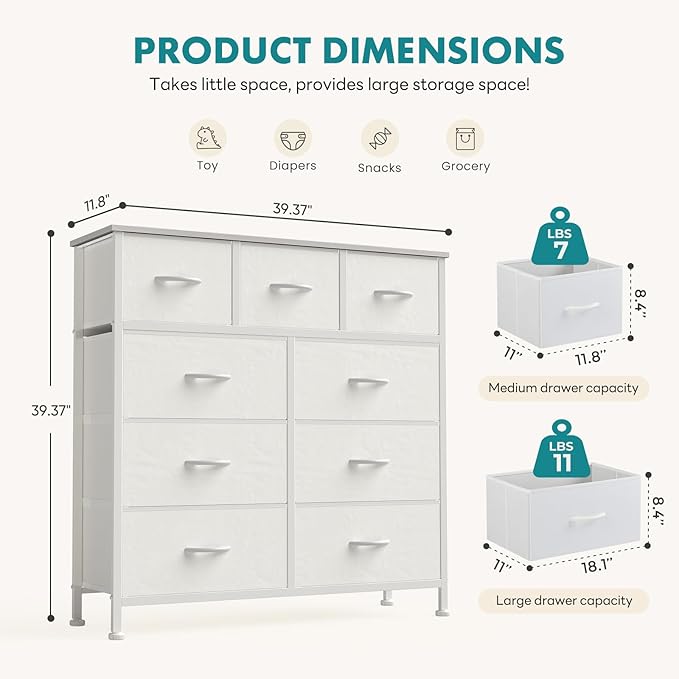 OLIXIS 9 Drawer Dresser for Bedroom, Closet Organizers and Storage, White | Tall Fabric Dresser with Wooden Top, Chest of Drawers for Clothes Storage, Tower Cabinet, Bedroom Furniture, TV Stand