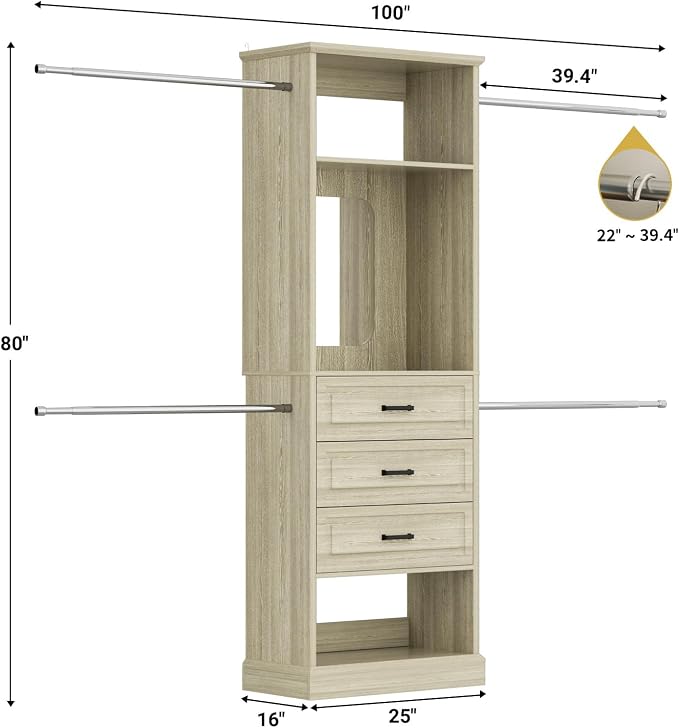 Unikito Closet System, 4FT - 9FT Closet Organizer with Mirror, Luxury Walk in Closet Insert with Drawers and 4 Hanging Rods, Sturdy Wood Wardrobe Closet Garment Rack with 25” Tower, White Oak
