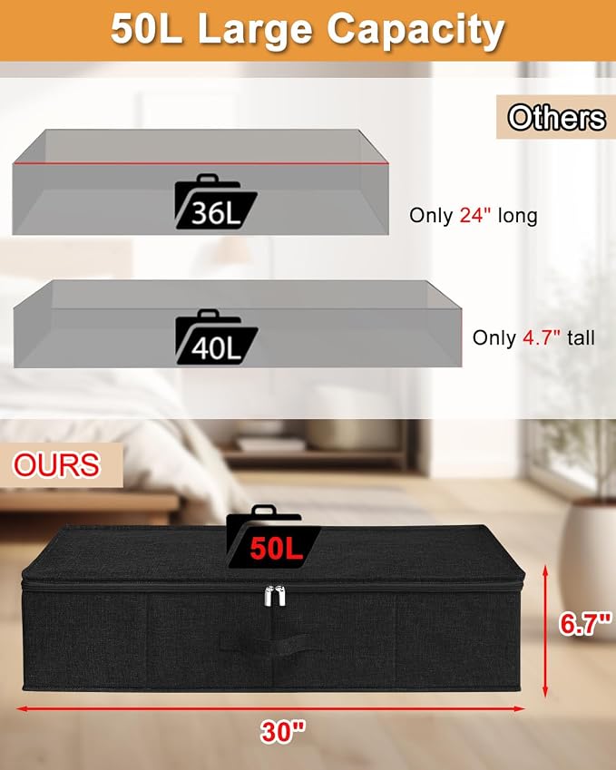 Under Bed Storage Container, 3 Pack Underbed Storage Bags With Lid, Foldable Sturdy Clothes Storage Organizer W/ 3 Handles, Ultra Thick Fabric Blanket Shoe Storage Box, 30x15x6.7inch, Black, 50L | Sturdy Sides and Bottom wieh Ultra-Thick Fabric and 3 H...
