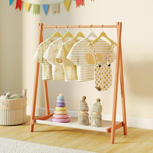 Kids Clothing Rack,Foldable Beechwood Small Baby Clothes Rack with Bottom Storage Shelf,for Laundry Drying,Mini,Floor Standing,Portable(39.4" L)
