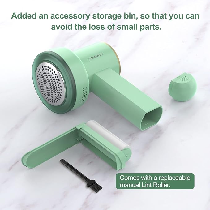 HOMEASY Fabric Shaver, Rechargeable Lint Remover for Clothes Green | Electric sweater shaver and depiller with 70mm head, 6-leaf blades, LED battery display and Type-C charging for Furniture